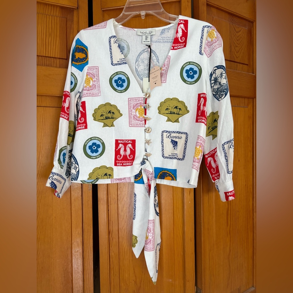 White Nautical Print Tie-Front Shirt